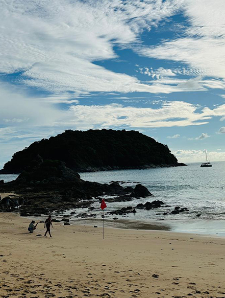 Two people relaxing by the ocean, participating in a beachfront detox program under clear blue skies